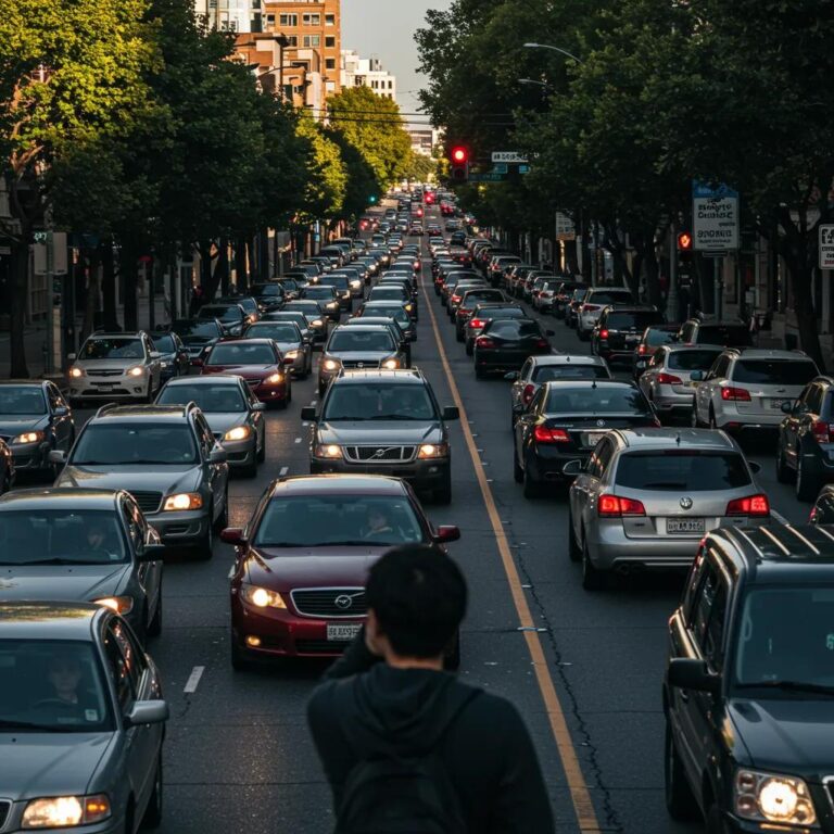Frustrated person in traffic surrounded by vehicles, illustrating common triggers of anger in daily life.