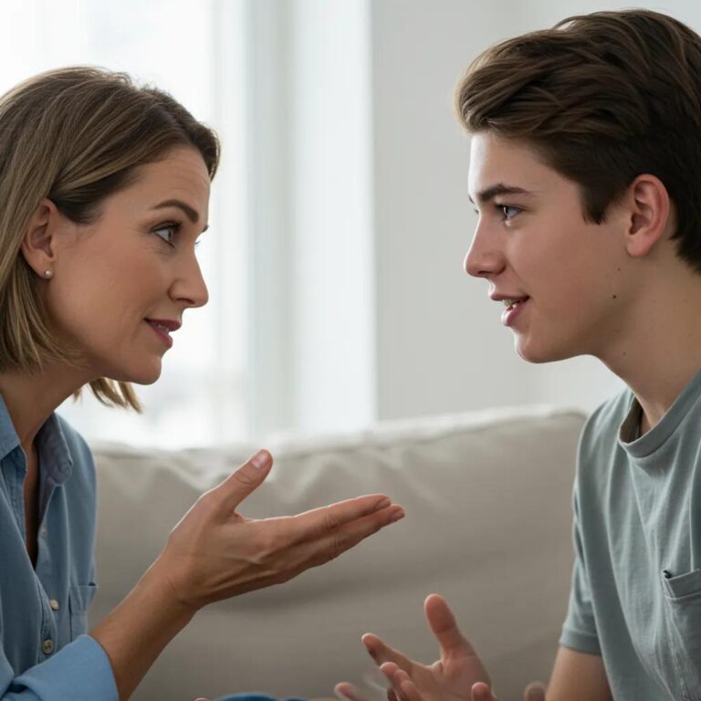 Parent practicing active listening techniques with a teenager in a supportive environment, emphasizing effective communication and connection.