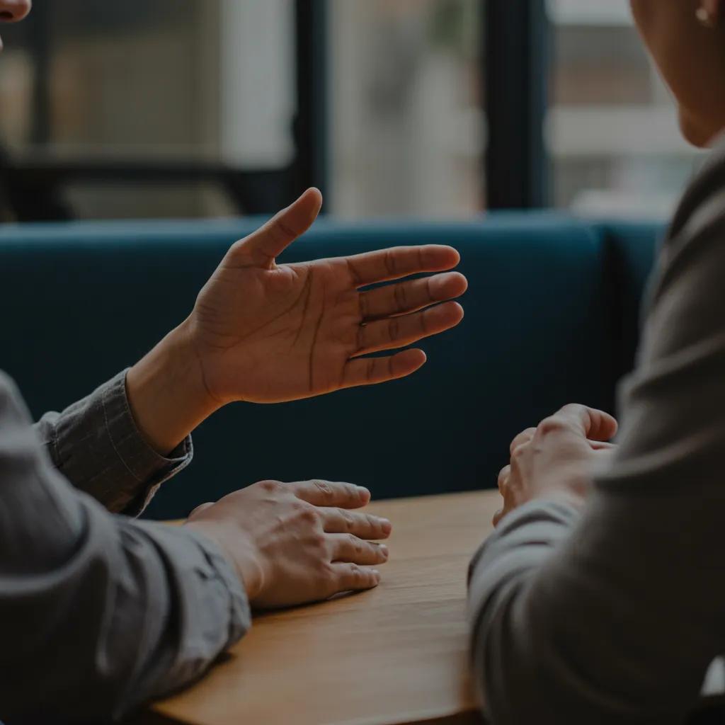 Two people engaged in a conversation at a cafe, demonstrating emotional intelligence and active listening through hand gestures and attentive posture.