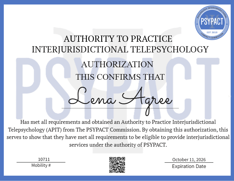 PSYPACT Authorization &ndash; Dr. Lena Agree