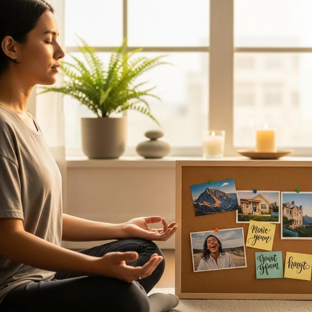 A person quietly practicing visualization with a vision board visible in the background, conveying calm focus and intention
