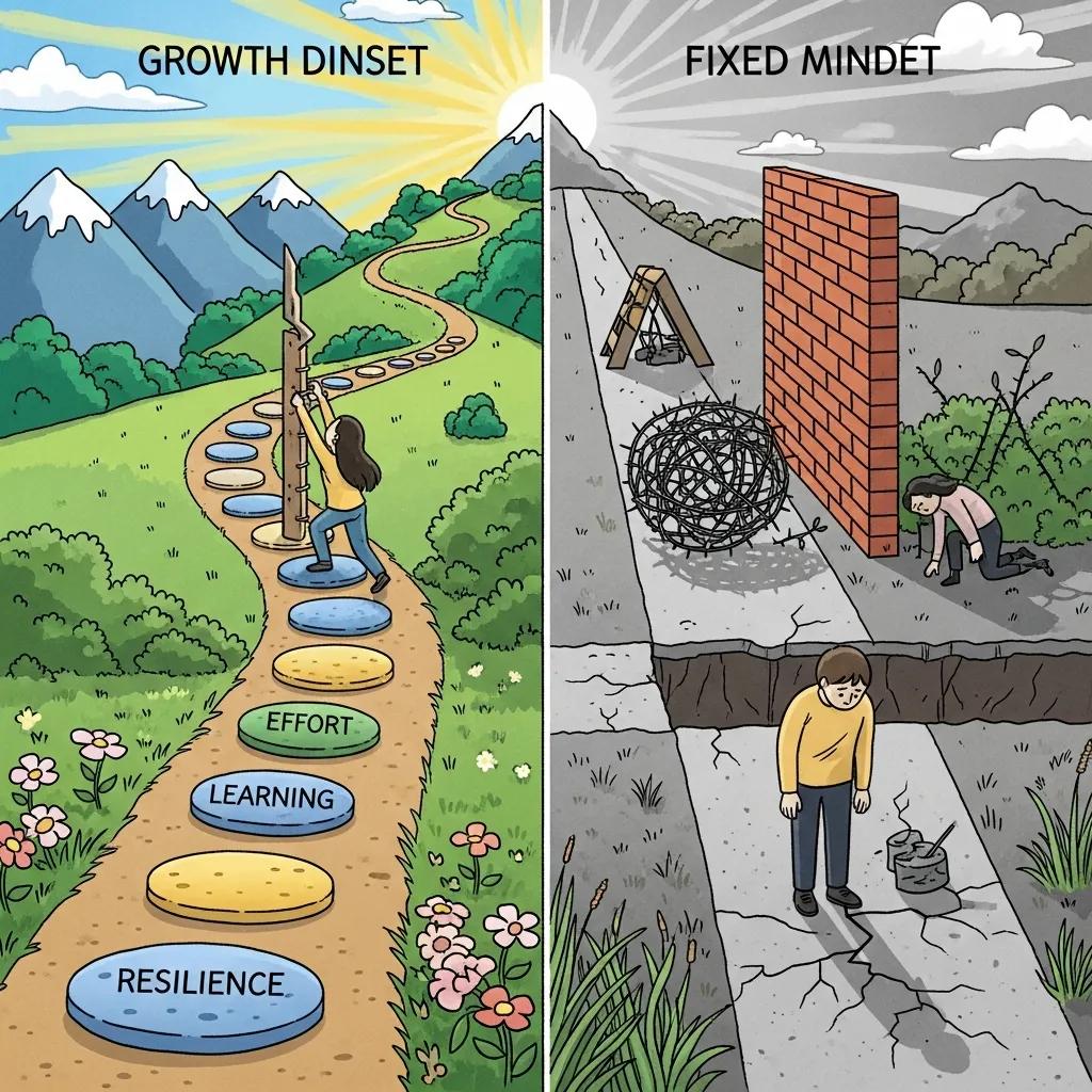 Contrasting paths illustrating growth mindset versus fixed mindset concepts