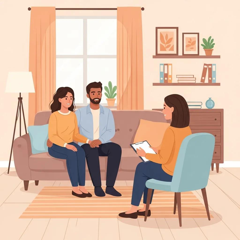 Couple engaged in counseling session in a cozy therapy office