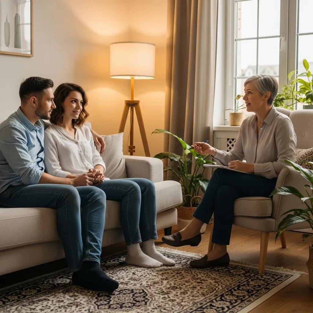 Couple engaged in therapy session focusing on emotional connection and communication