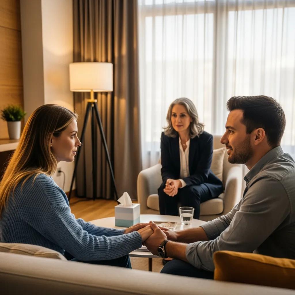 Couple in a therapy session discussing vulnerability, highlighting the importance of emotional intimacy in relationships