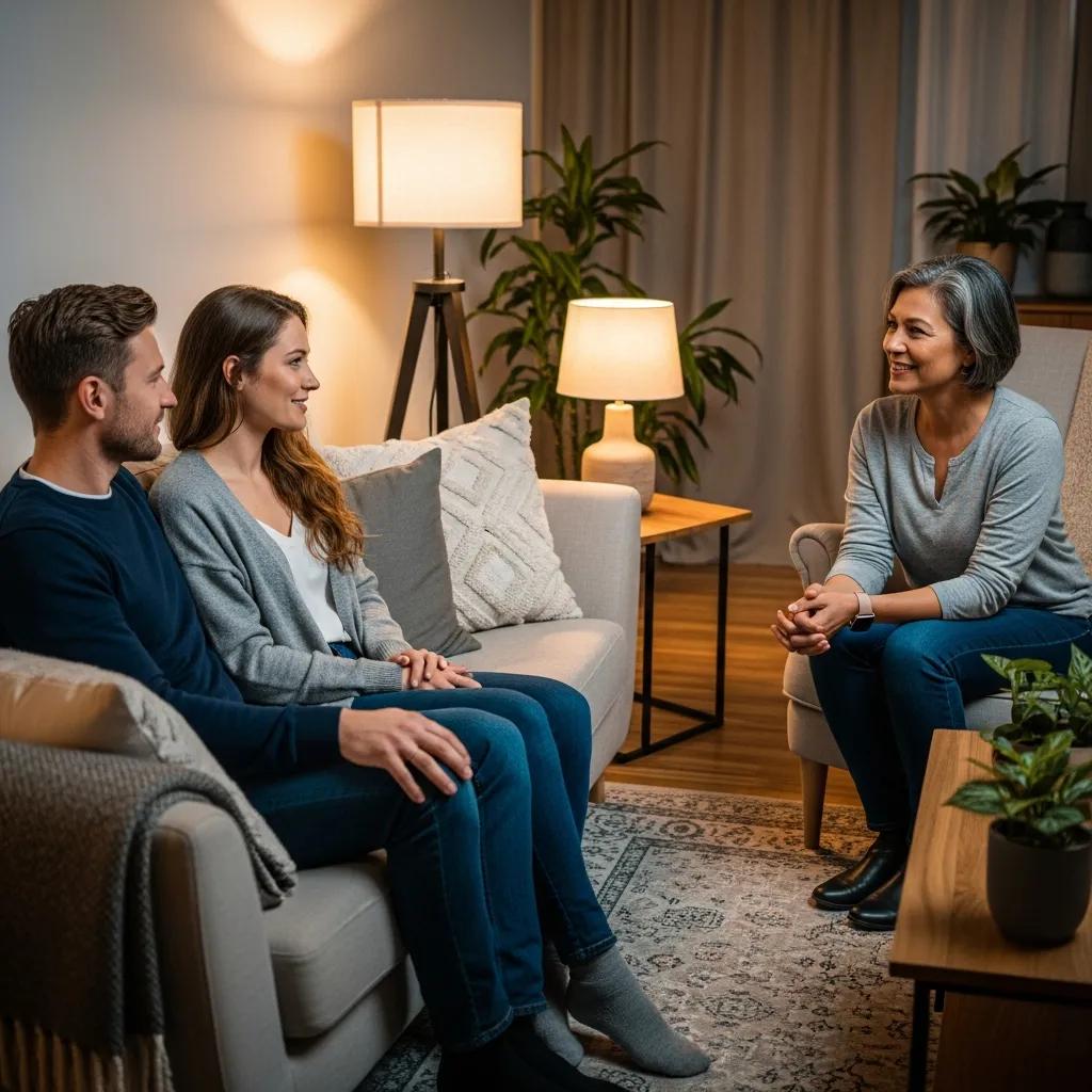 Couple in a therapy session, focusing on communication and relationship building