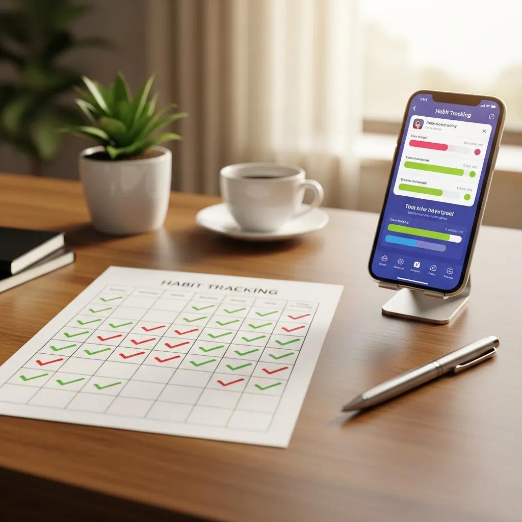 Habit tracking chart and smartphone on a desk, illustrating effective methods for measuring progress in habit formation
