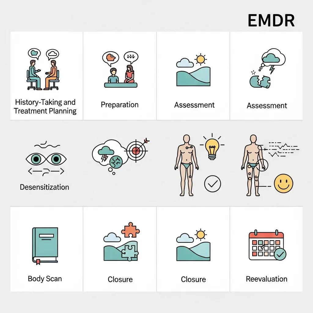 Diagram showing the eight structured phases of EMDR therapy to guide clients through treatment