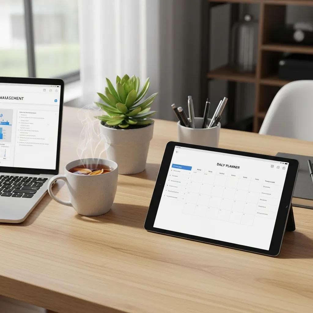 Modern workspace with digital planner and tools for effective time management