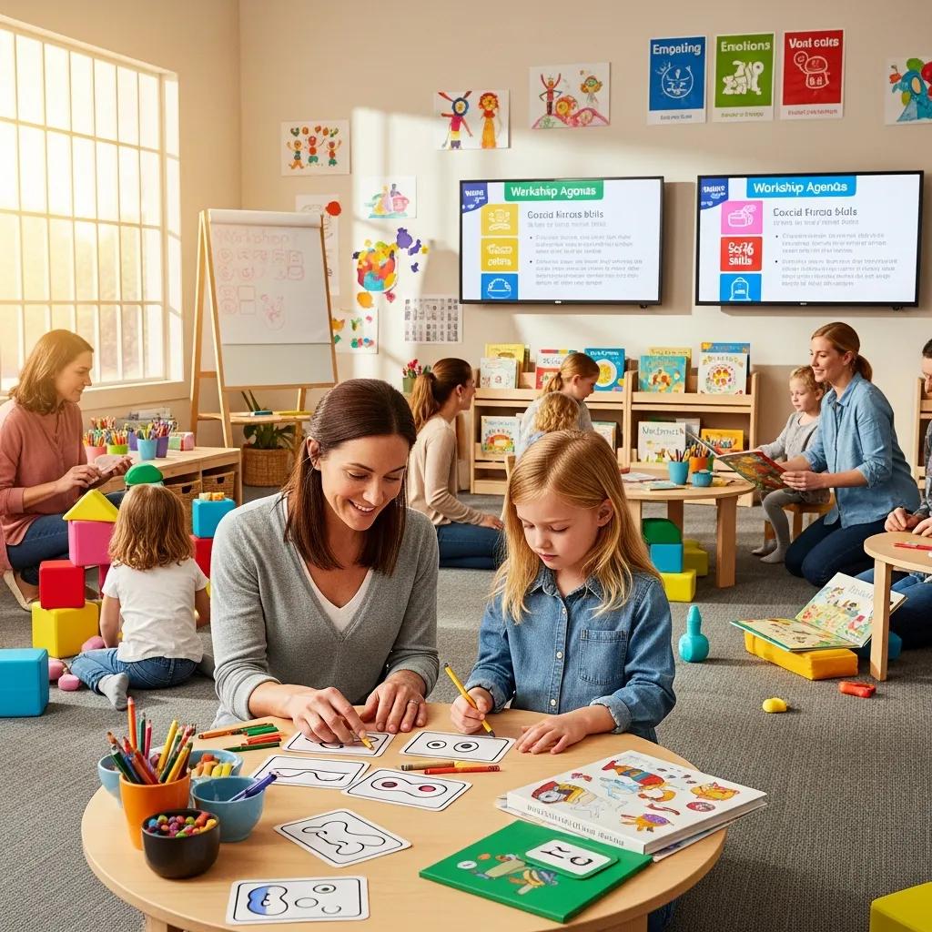 Parent and child in a workshop setting learning about emotional support strategies