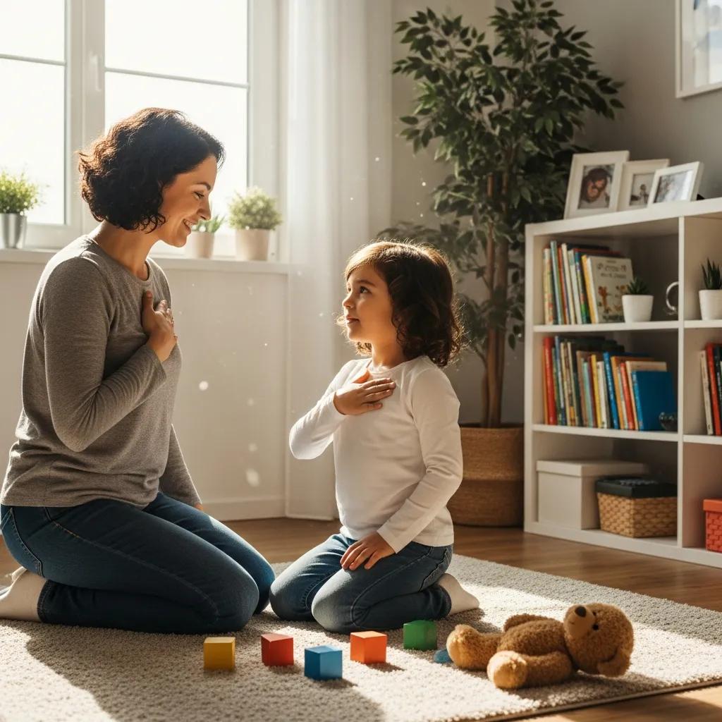 Parent and child practicing emotional regulation techniques in a calm home environment