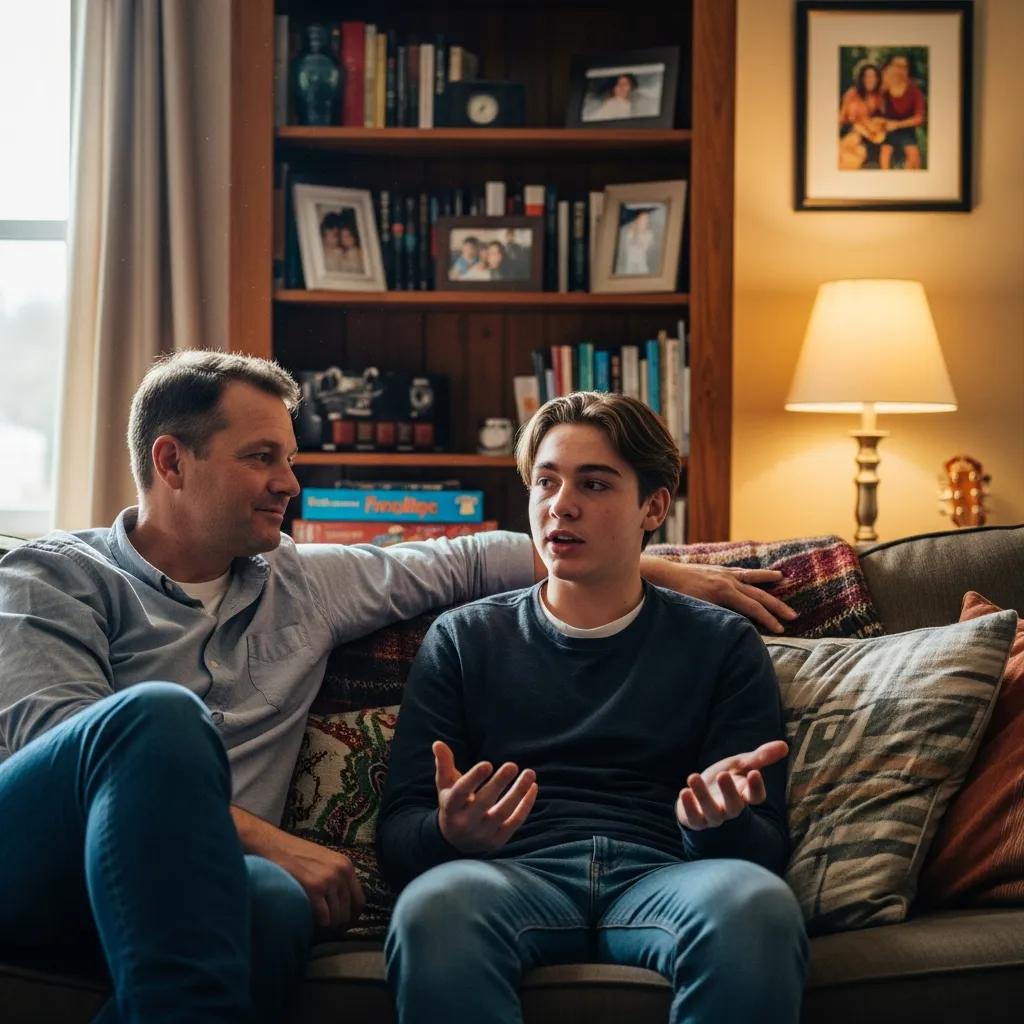 Parent and teenager engaged in an open conversation about emotional support in a comfortable living room