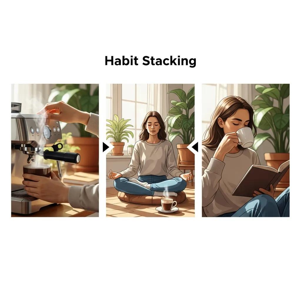 Person demonstrating habit stacking techniques, showcasing the integration of new habits into daily life