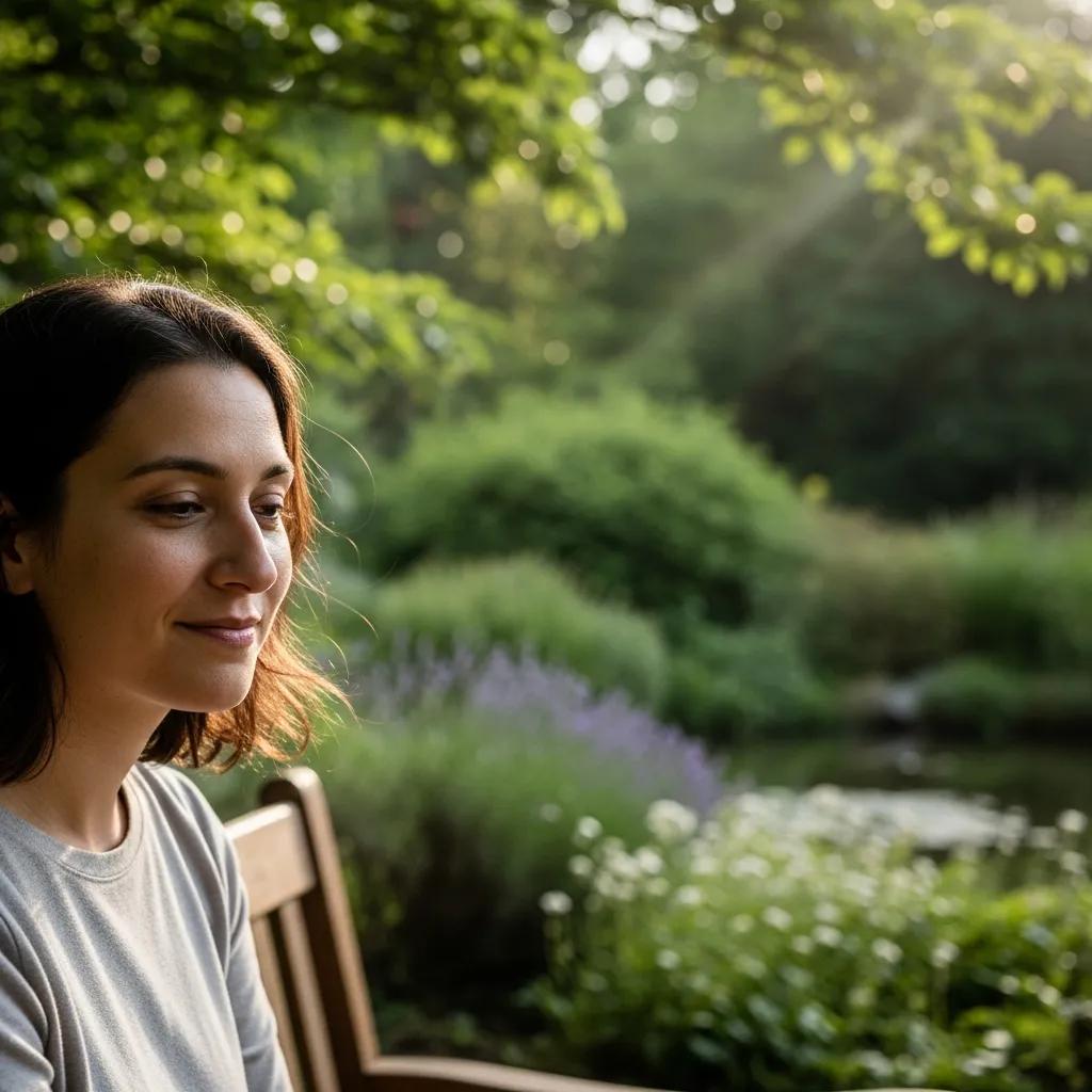 Person reflecting in a serene outdoor environment, illustrating emotional awareness and regulation