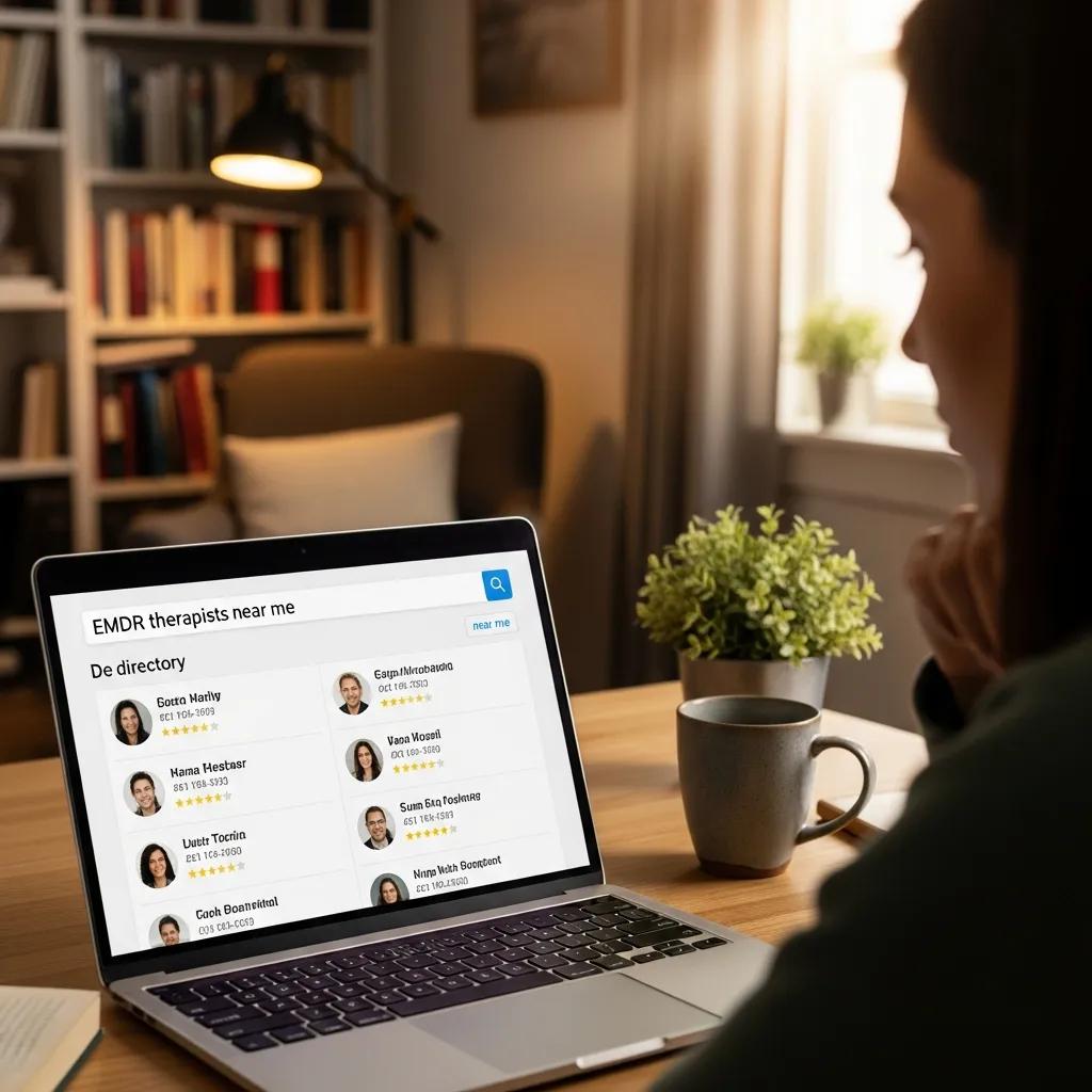 Person researching EMDR therapists online in a comfortable home workspace
