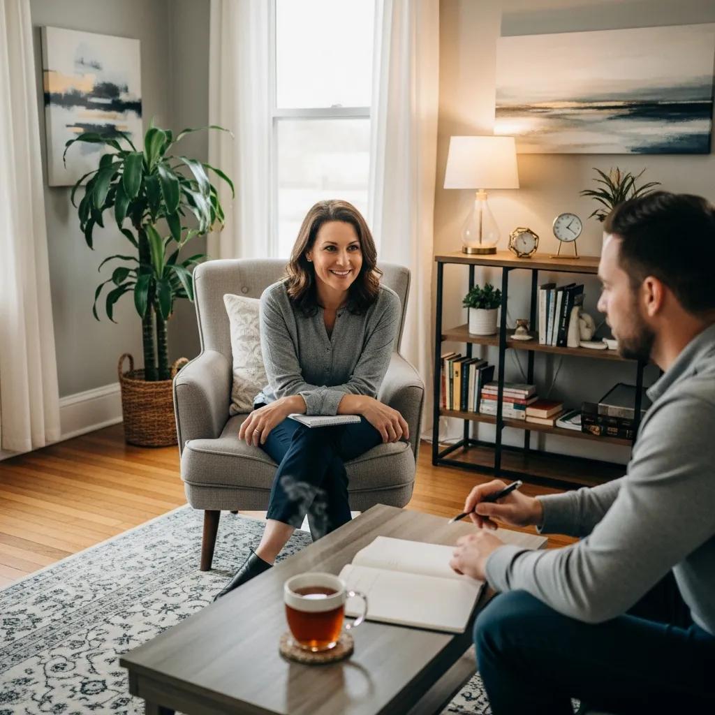 Therapist and client in a supportive coaching session, emphasizing growth mindset principles