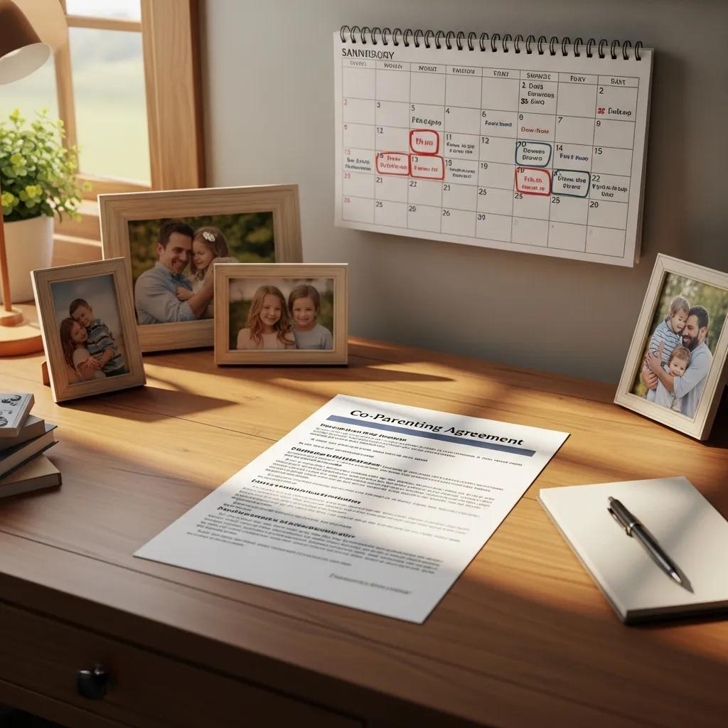 A co-parenting agreement document on a table, surrounded by family photos, emphasizing the importance of structured parenting plans