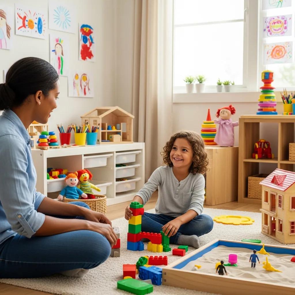 Child engaged in play therapy with toys and art supplies in a supportive environment