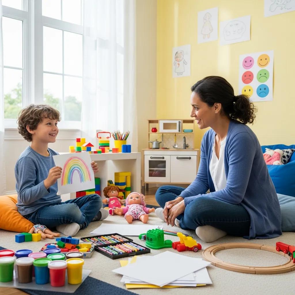 Child participating in play therapy with a therapist, highlighting specialized anxiety support for youth