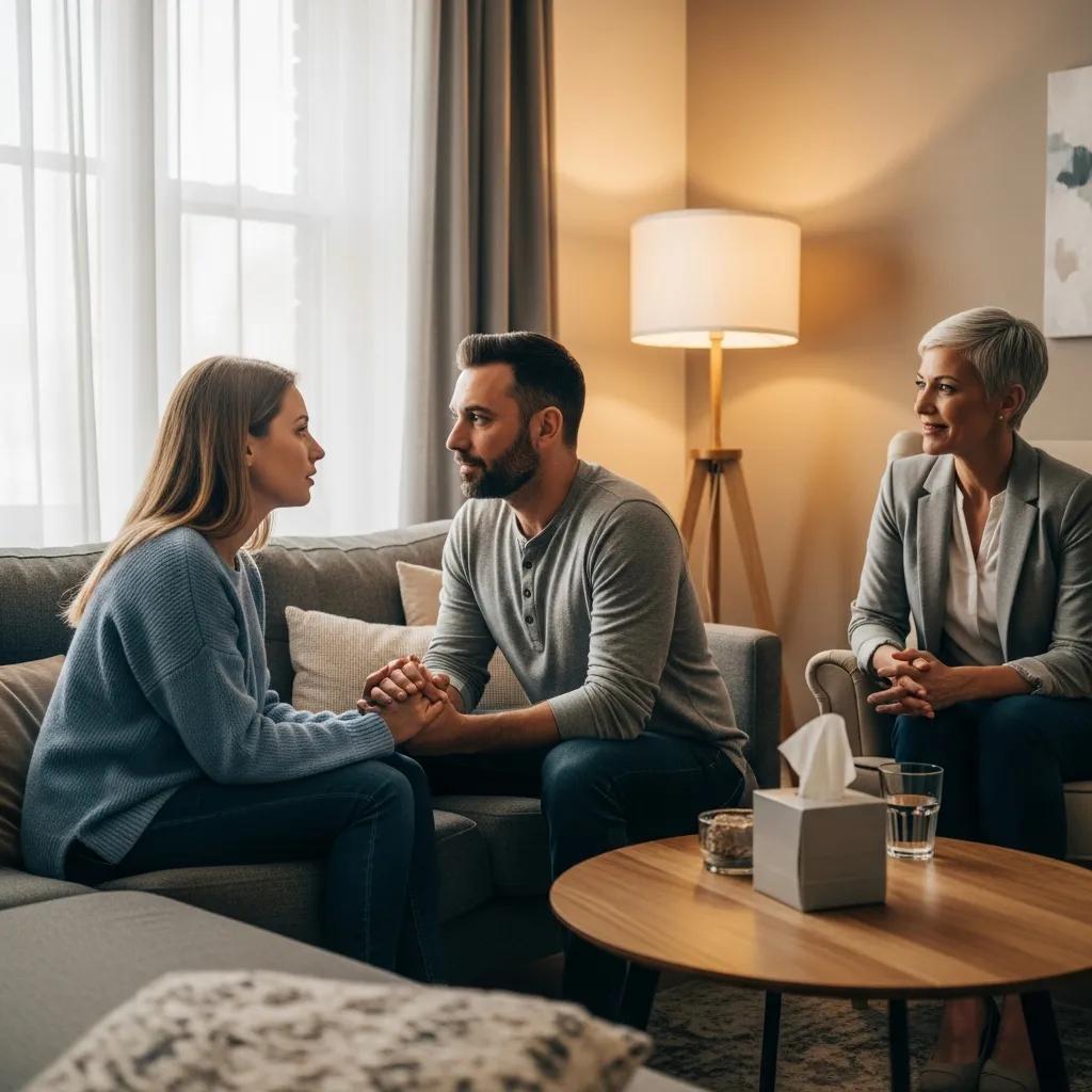 Couple discussing trust rebuilding strategies in a therapy session
