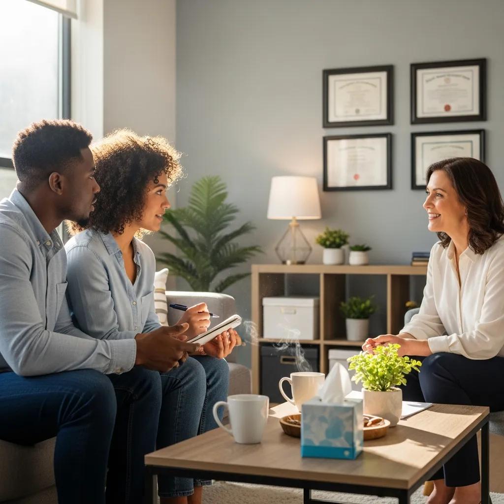 Couple engaged in premarital counseling session, discussing important topics for marriage preparation