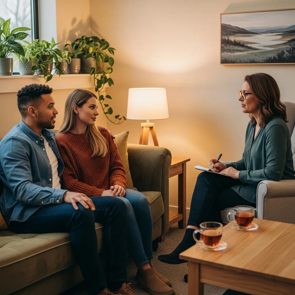 Couple engaged in therapy session focusing on relationship counseling benefits