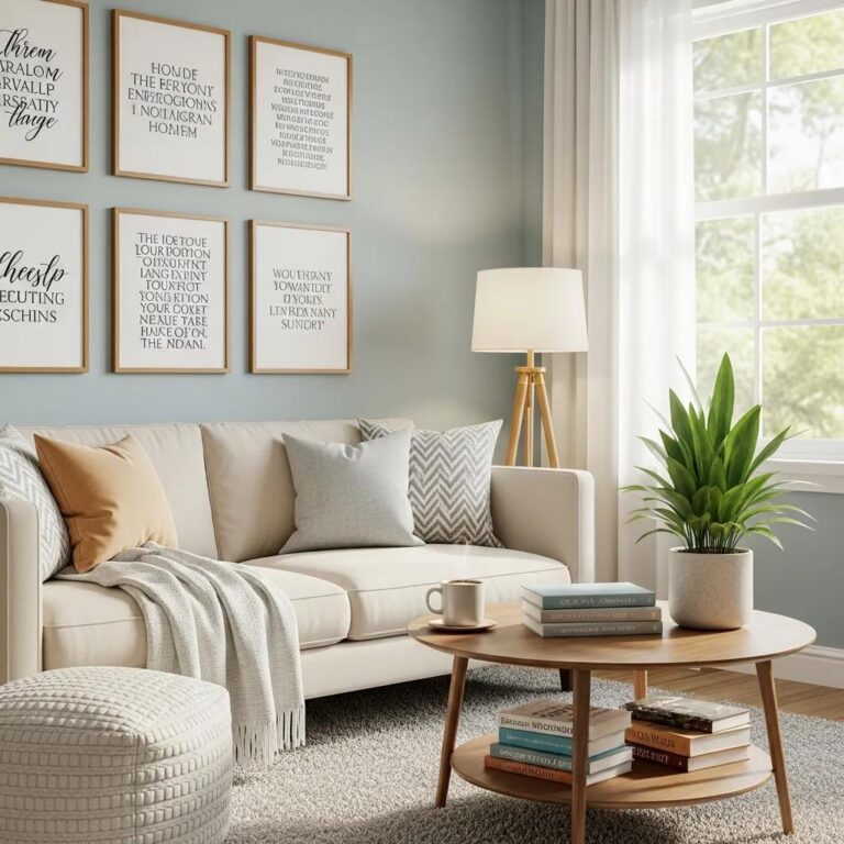 Cozy coaching office featuring a light-filled space with a beige sofa adorned with decorative pillows, a wooden coffee table stacked with motivational books, and framed inspirational quotes on the wall, emphasizing a welcoming atmosphere for life and executive coaching in Beverly Hills, MI.