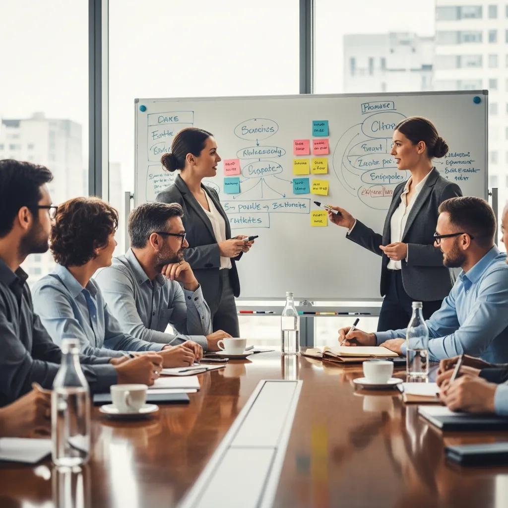 Executives collaborating in a coaching session focused on leadership skills and strategic thinking