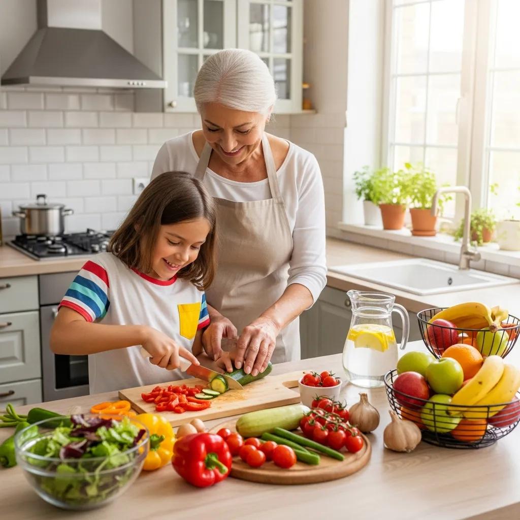 Grandparent and grandchild cooking together, promoting health and family bonding