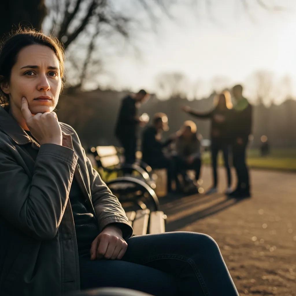 Individual feeling isolated in a social setting, reflecting on mental health stigma