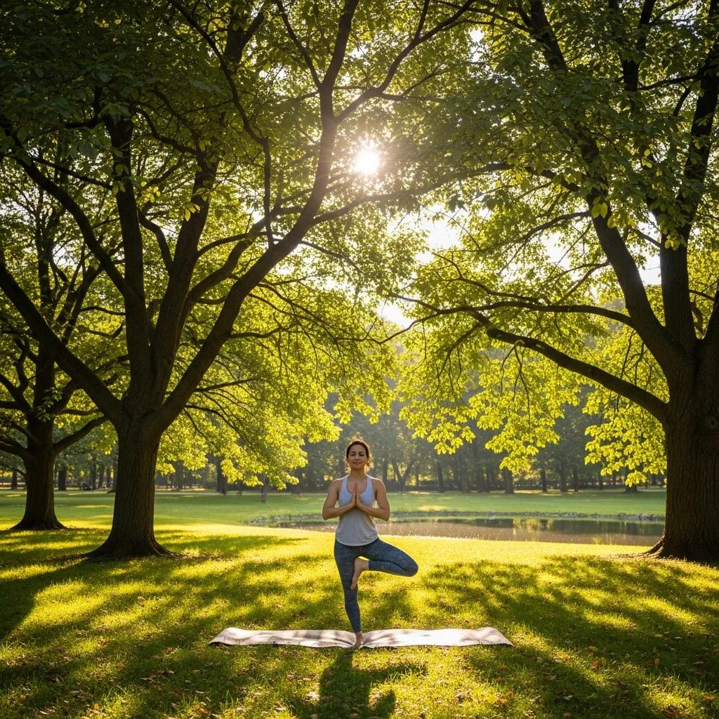 Individual practicing yoga in a serene park, symbolizing personal growth