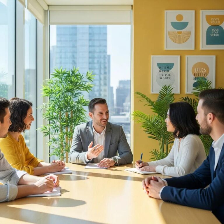 Life and executive coaching session with diverse professionals in a modern office, discussing personal and leadership development strategies.