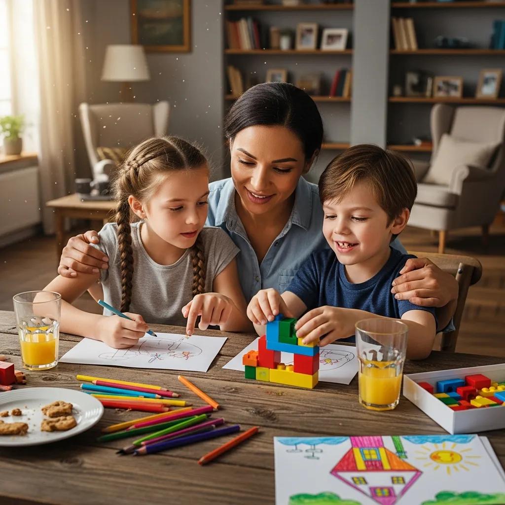 Mother assisting siblings in collaborative play with building blocks and drawing, illustrating positive parenting techniques to reduce sibling rivalry.