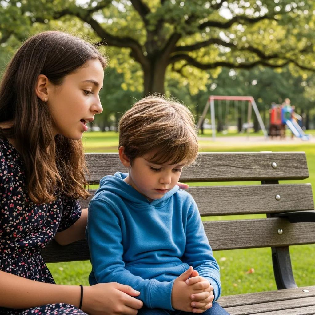 Siblings discussing feelings on a park bench, highlighting the importance of emotional intelligence