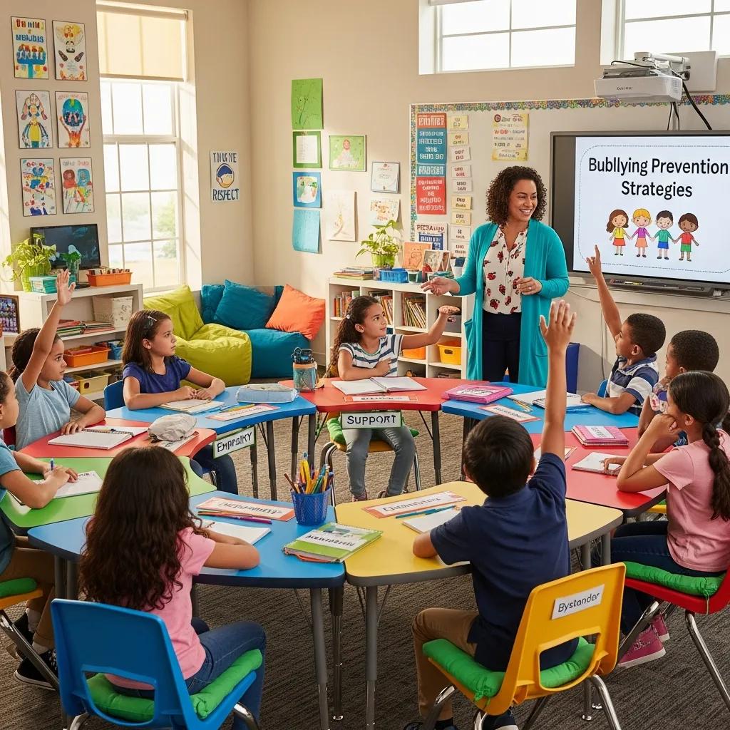 Teacher leading a classroom discussion on effective bullying prevention strategies with engaged students