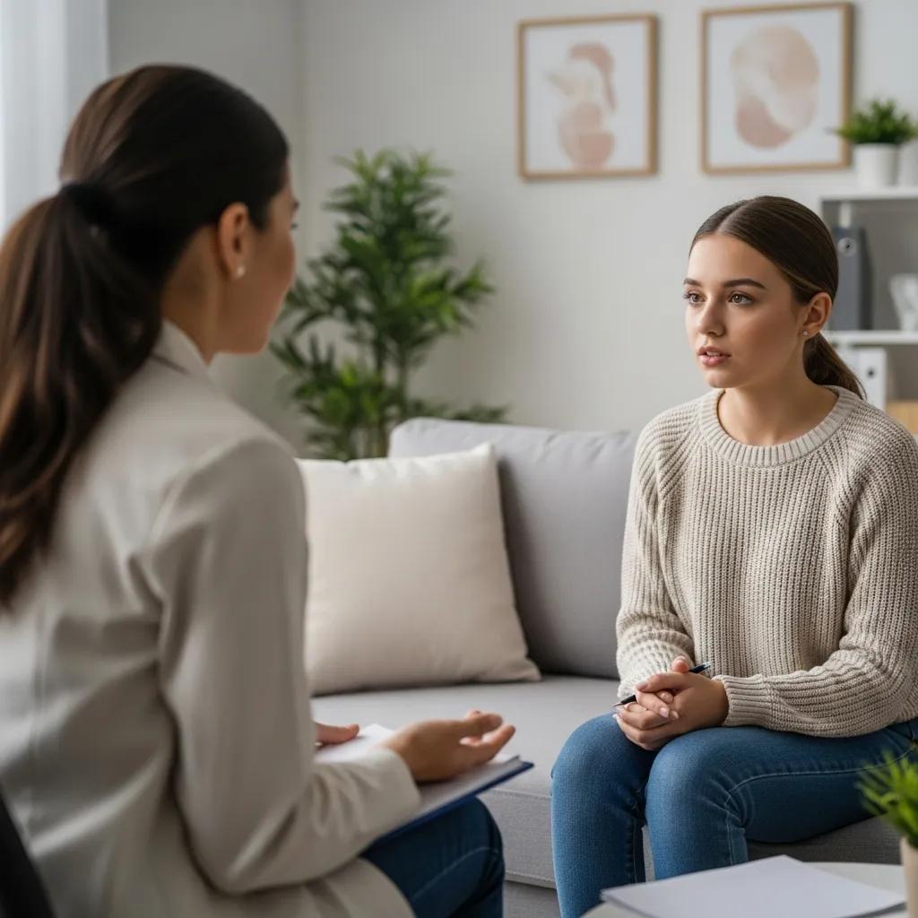 Teenager expressing feelings during a counseling session with a therapist in a comfortable office