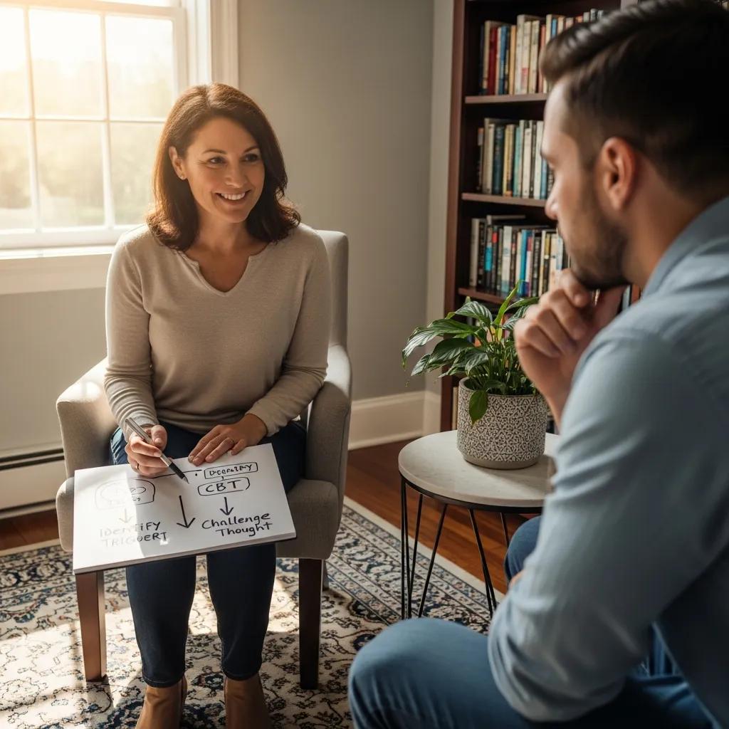 Therapist and client discussing cognitive behavioral therapy techniques