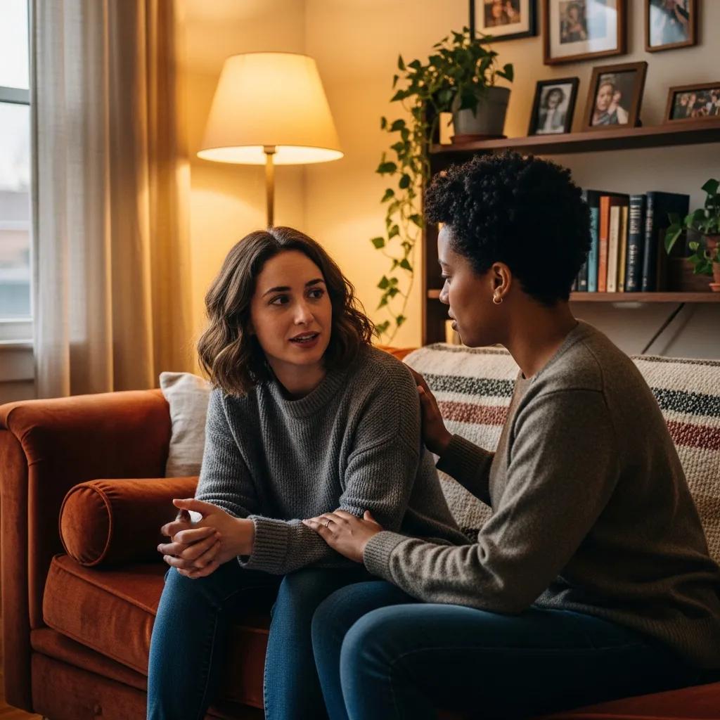 Two friends sharing feelings on a couch, illustrating empathy in strengthening friendships