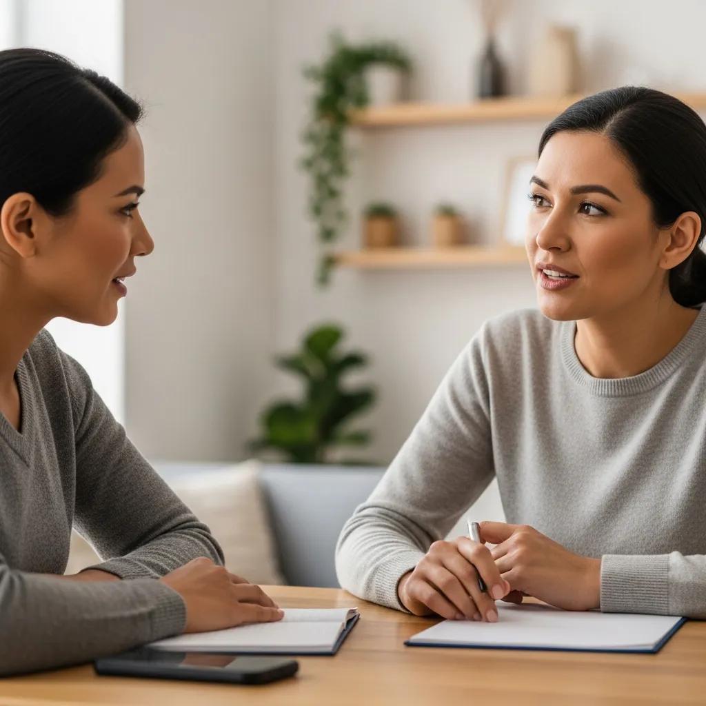 Two parents practicing active listening during a co-parenting discussion, highlighting respectful communication strategies