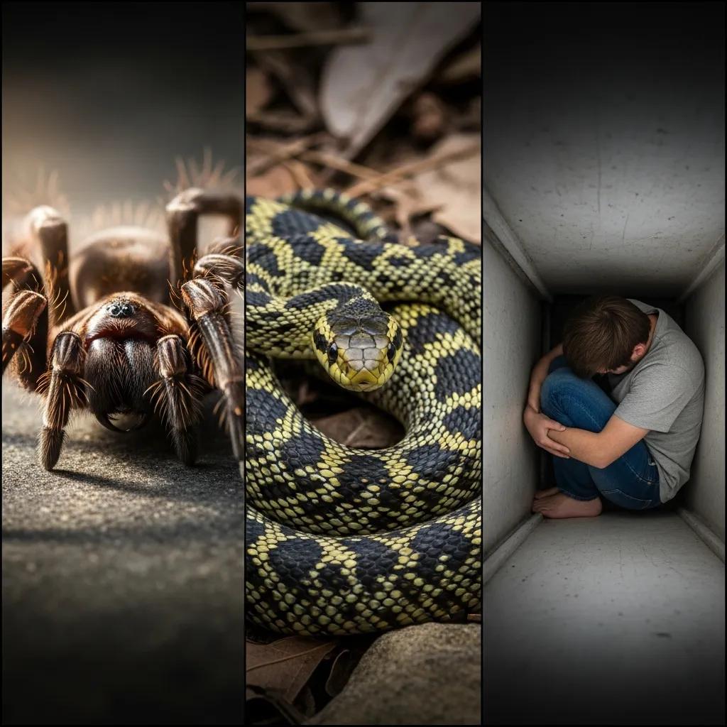 Visual representation of common specific phobias including spiders, snakes, and enclosed spaces
